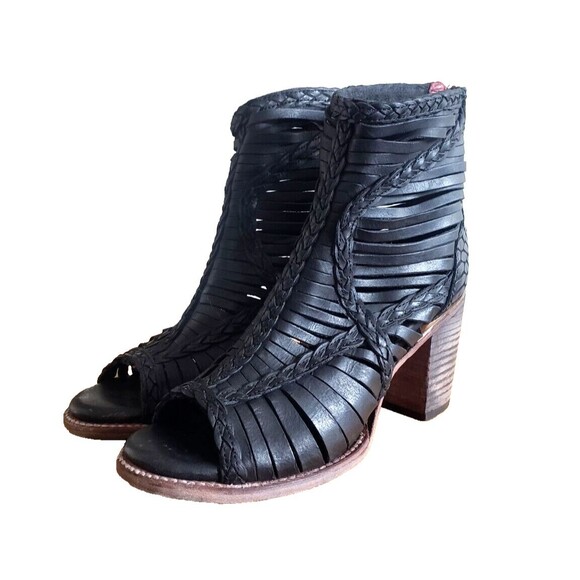Freebird by Steven Bela Heeled Cage Sandal Ankle Boots in Black Leather  Size 9 - Picture 1 of 10